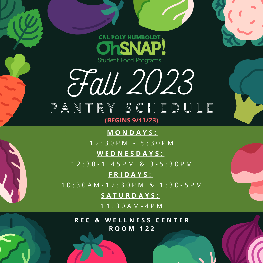 The OhSNAP Pantry is open Mondays from 12:30 to 5:30pm, Wednesdays from 12:30 to 1:45pm and 3 to 5:30pm, Fridays from 10:30am to 12:30pm and 1:30 to 5pm, and Saturdays from 11:30am to 4pm.